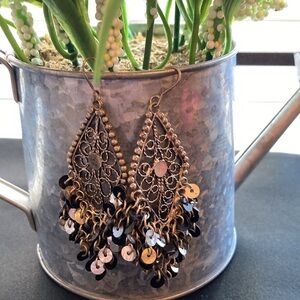 Vintage Boho Indian Silver Tone Filigree and Sequin Tassel Earrings